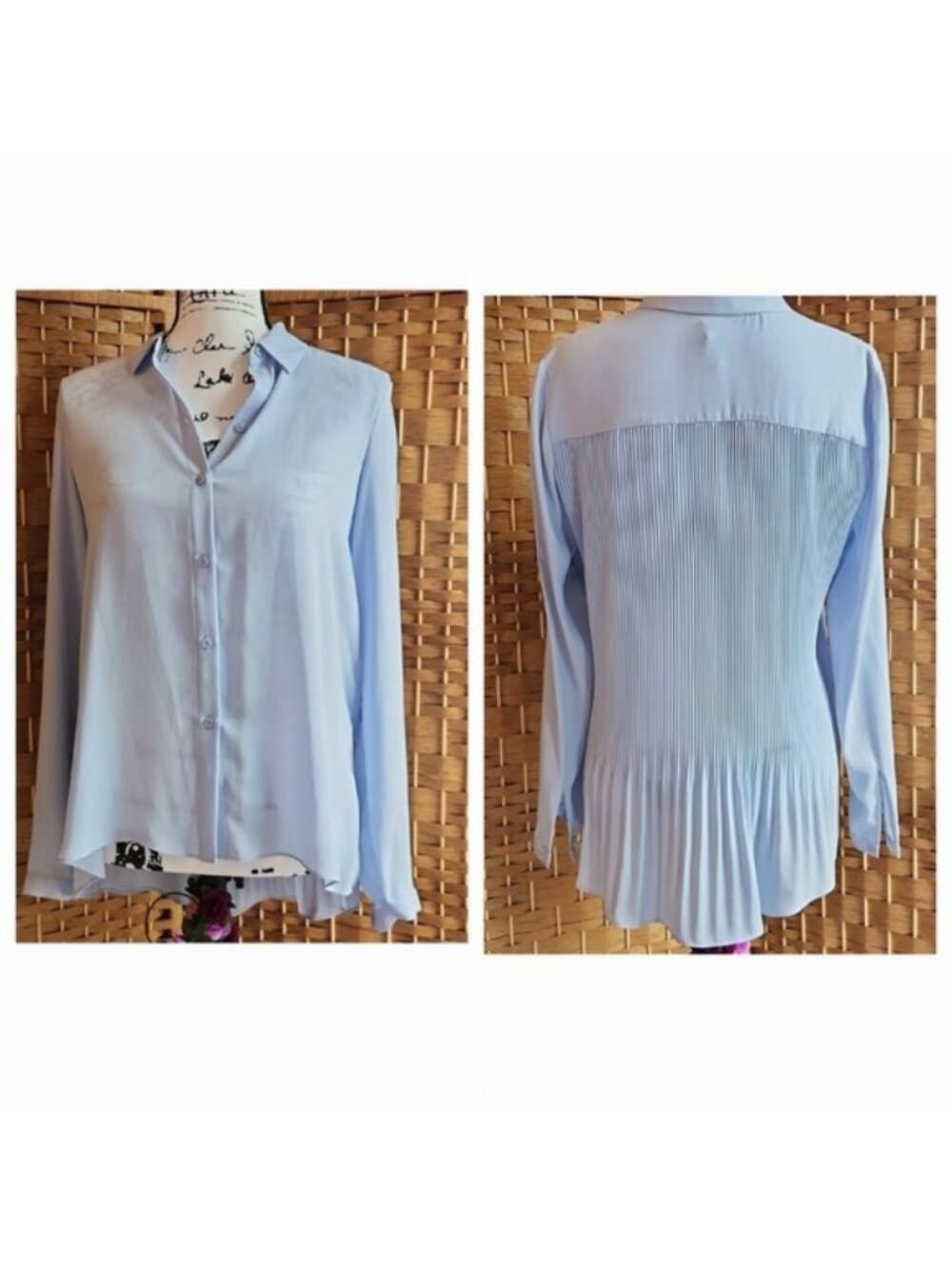 Women's Light Blue, Professional, Officewear Pleated Lightweight Collard Top